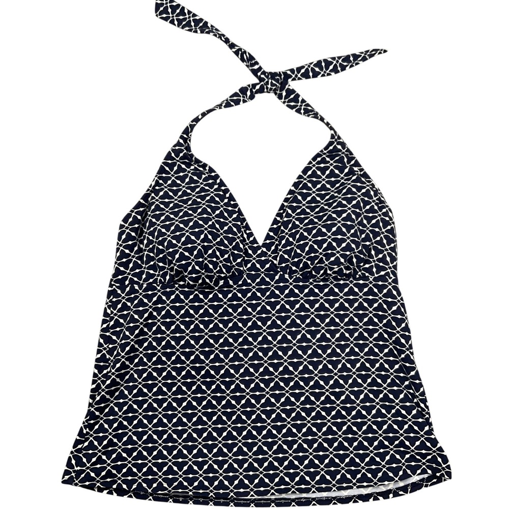 Lands' End Tankini Top Womens 12 Navy Blue Halter Geometric Nautical Coastal